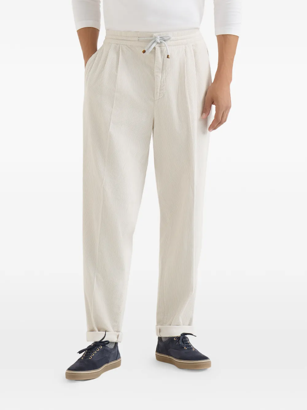 Brunello Cucinelli Katoenen fijngebreide ribfluwelen broek met trekkoord en dubbele plooien Beige