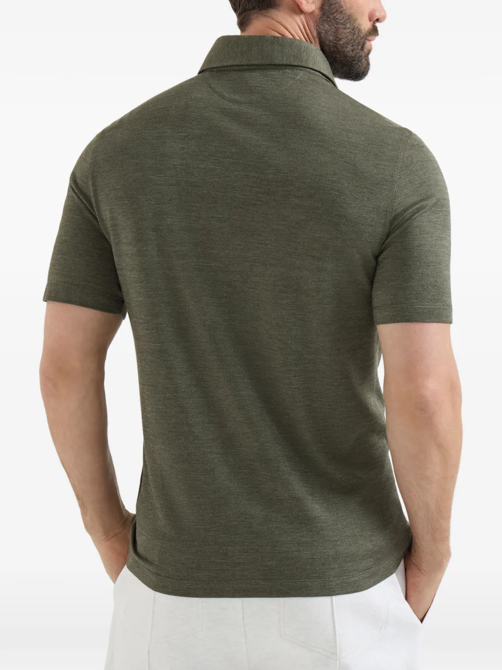 Brunello Cucinelli Piqué poloshirt met gespreide kraag van scheerwol zijde en katoen Groen