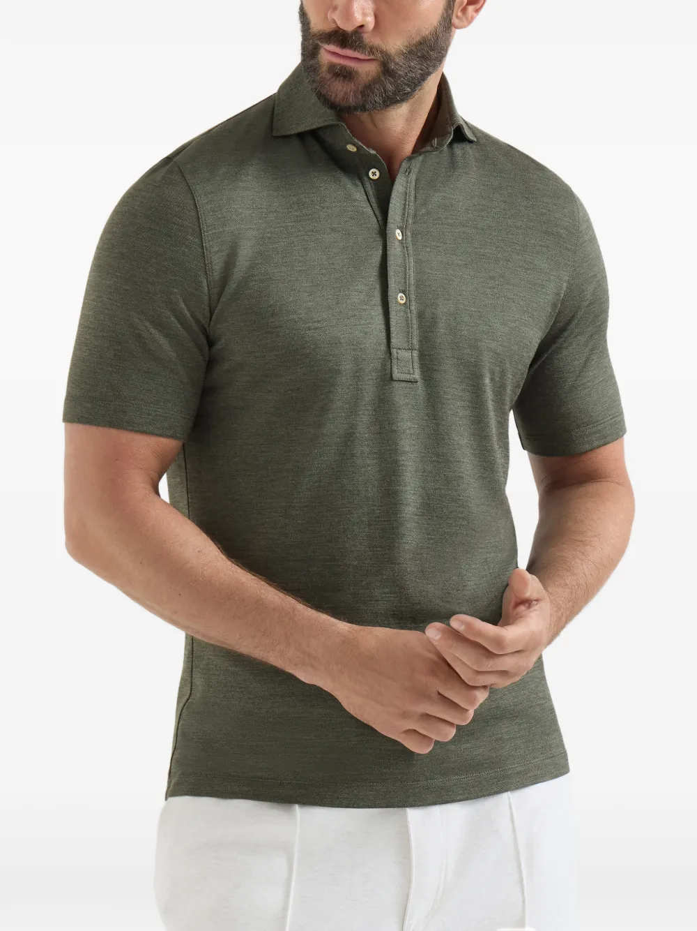 Brunello Cucinelli Piqué poloshirt met gespreide kraag van scheerwol zijde en katoen Groen