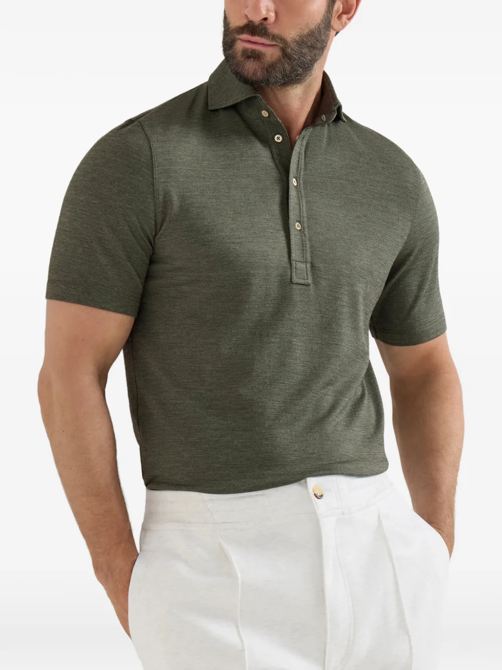 Brunello Cucinelli Piqué poloshirt met gespreide kraag van scheerwol zijde en katoen Groen