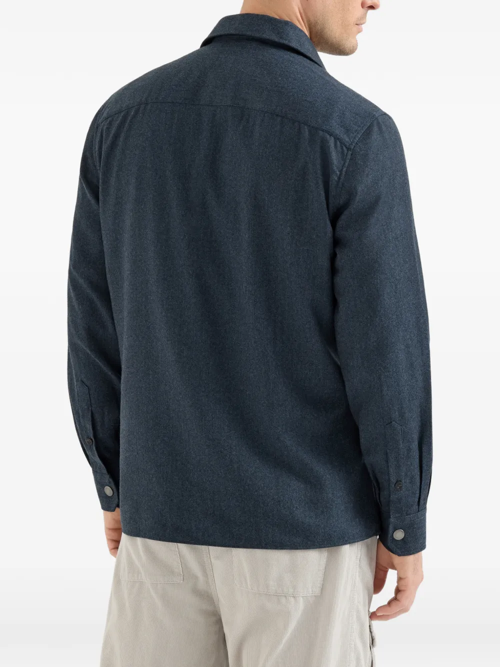 Brunello Cucinelli Flanellen shirtjack van scheerwol met gespreide kraag en borstzakken Blauw