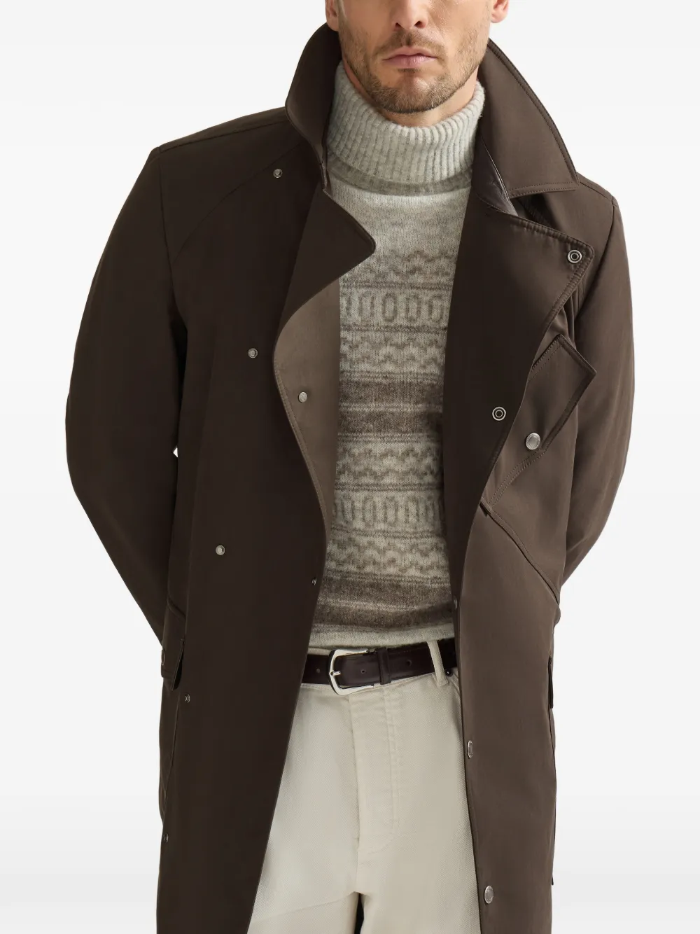Brunello Cucinelli Waterbestendige microvezel trenchcoat met nappa leren inzetstukken Bruin