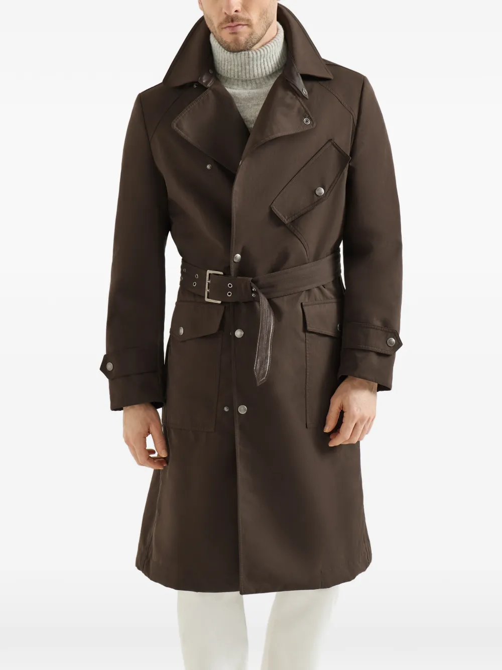 Brunello Cucinelli Waterbestendige microvezel trenchcoat met nappa leren inzetstukken Bruin