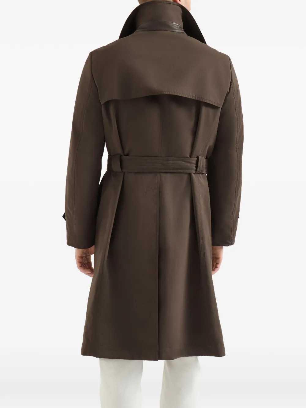 Brunello Cucinelli Waterbestendige microvezel trenchcoat met nappa leren inzetstukken Bruin