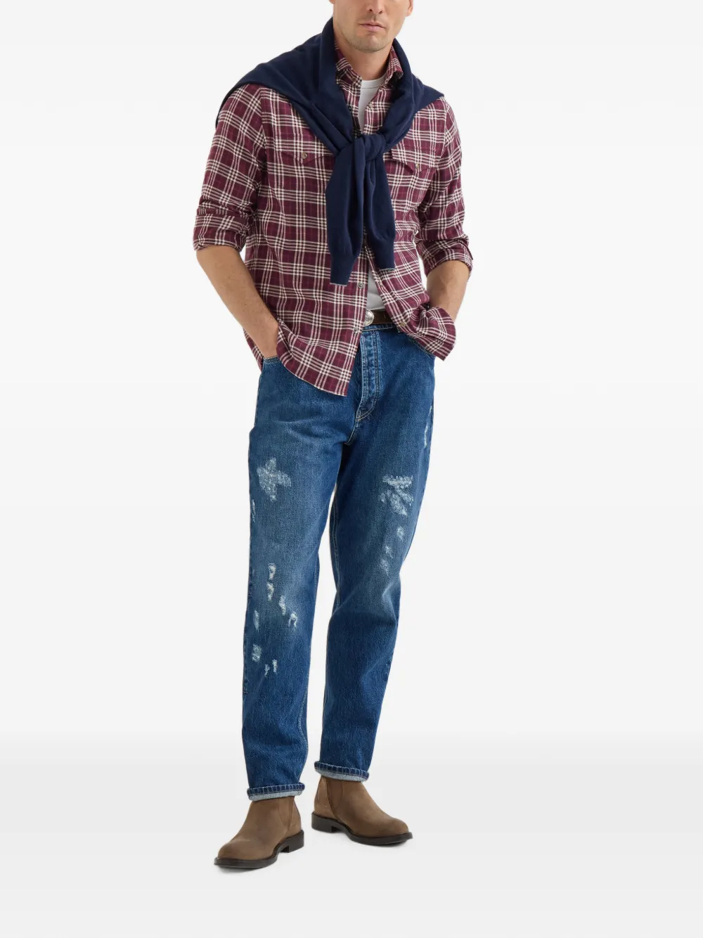 Brunello Cucinelli Katoenen en lyocell flanellen overhemd met tartan-ruit Rood
