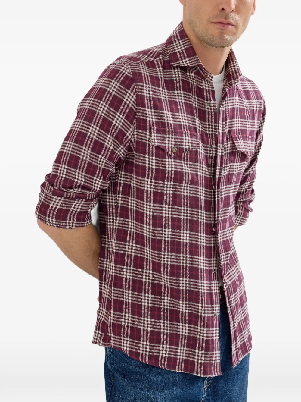 Brunello Cucinelli Katoenen en lyocell flanellen overhemd met tartan-ruit Rood