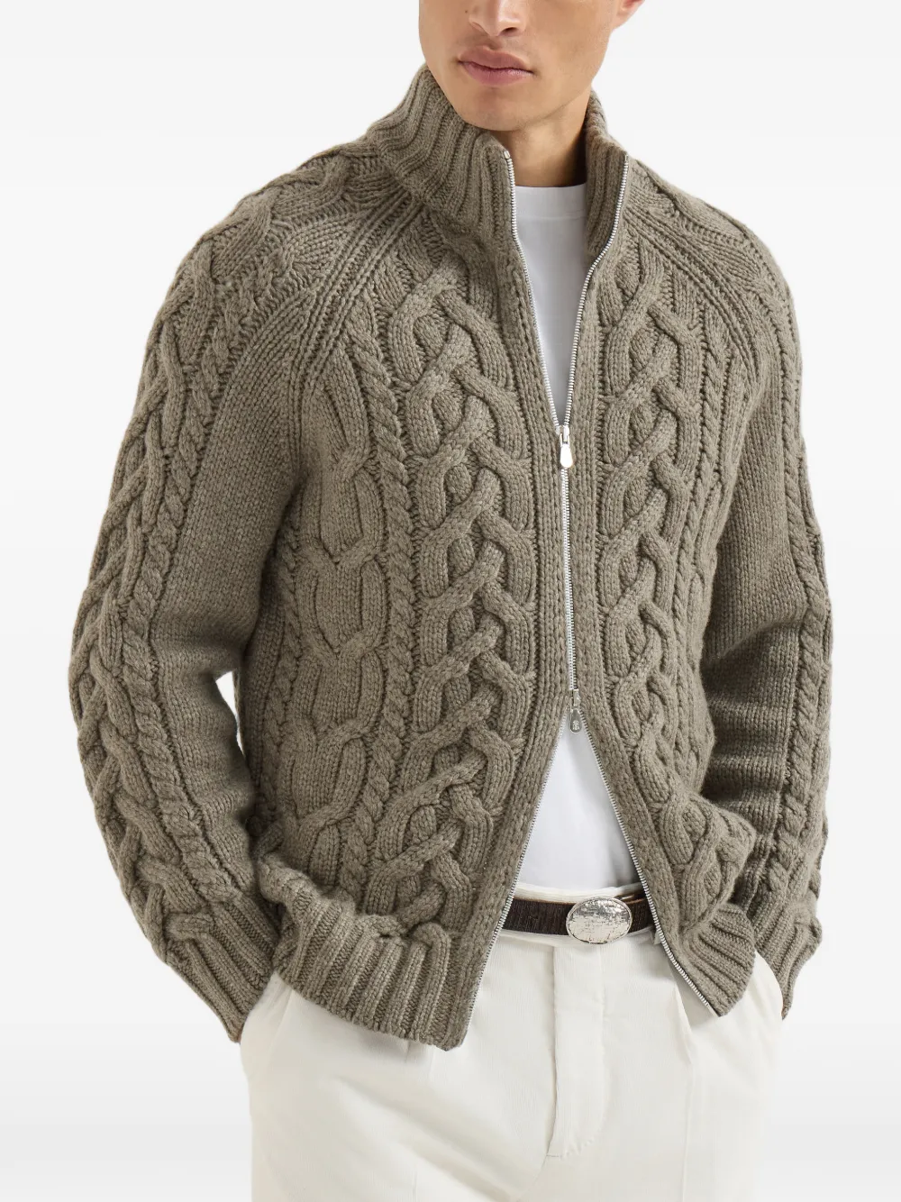 Brunello Cucinelli Kabelgebreide kasjmier vest met rits en veren Groen