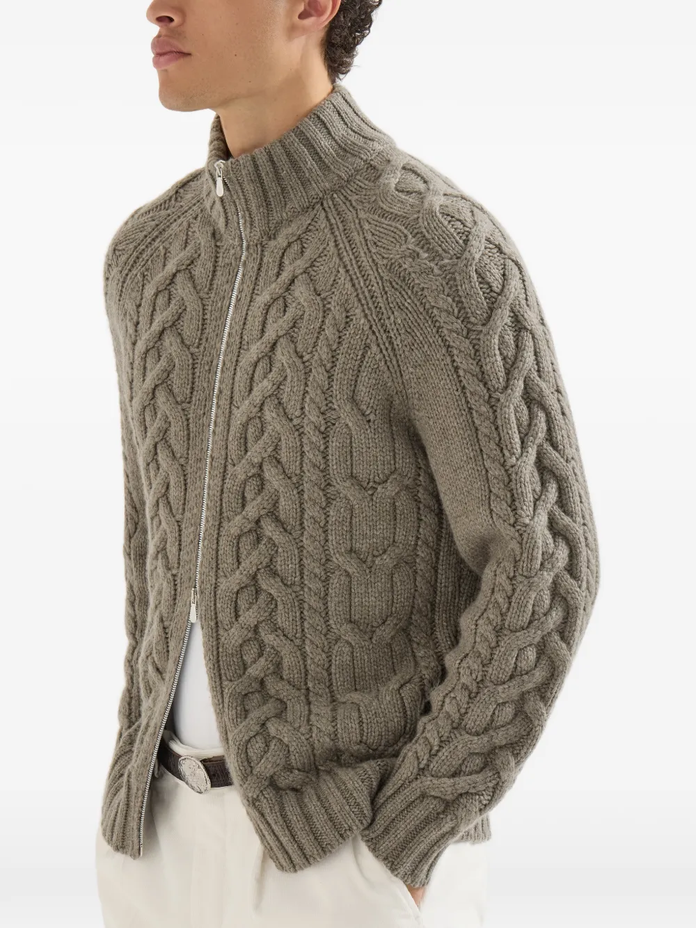 Brunello Cucinelli Kabelgebreide kasjmier vest met rits en veren Groen