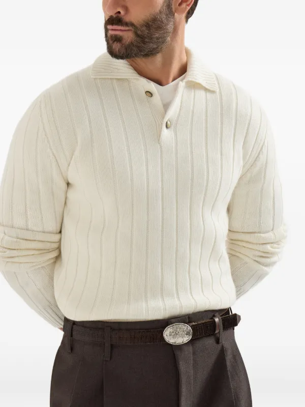 Brunello Cucinelli Rib Knit Polo Shirt | Neutrals | FARFETCH