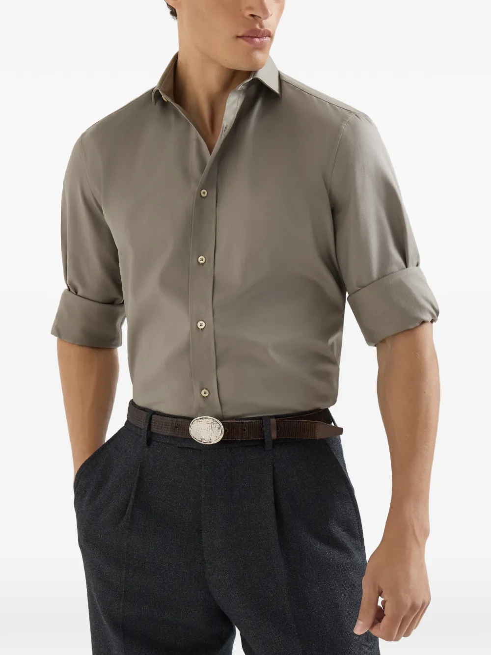 Brunello Cucinelli Geverfd twill overhemd met gespreide kraag Grijs
