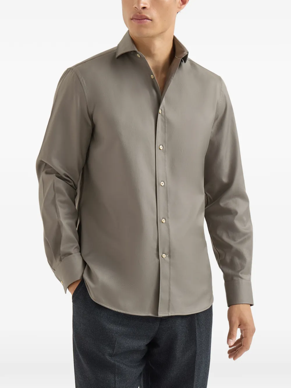 Brunello Cucinelli Geverfd twill overhemd met gespreide kraag Grijs