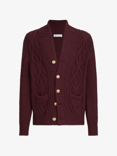 Brunello Cucinelli cashmere feather-yarn cable-knit cardigan with metal buttons