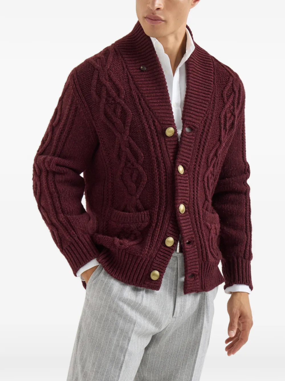 Brunello Cucinelli Kasjmier kabelgebreid vest met metalen knopen en veren Rood