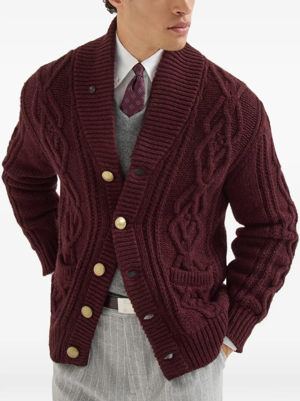 Brunello Cucinelli Kasjmier kabelgebreid vest met metalen knopen en veren Rood