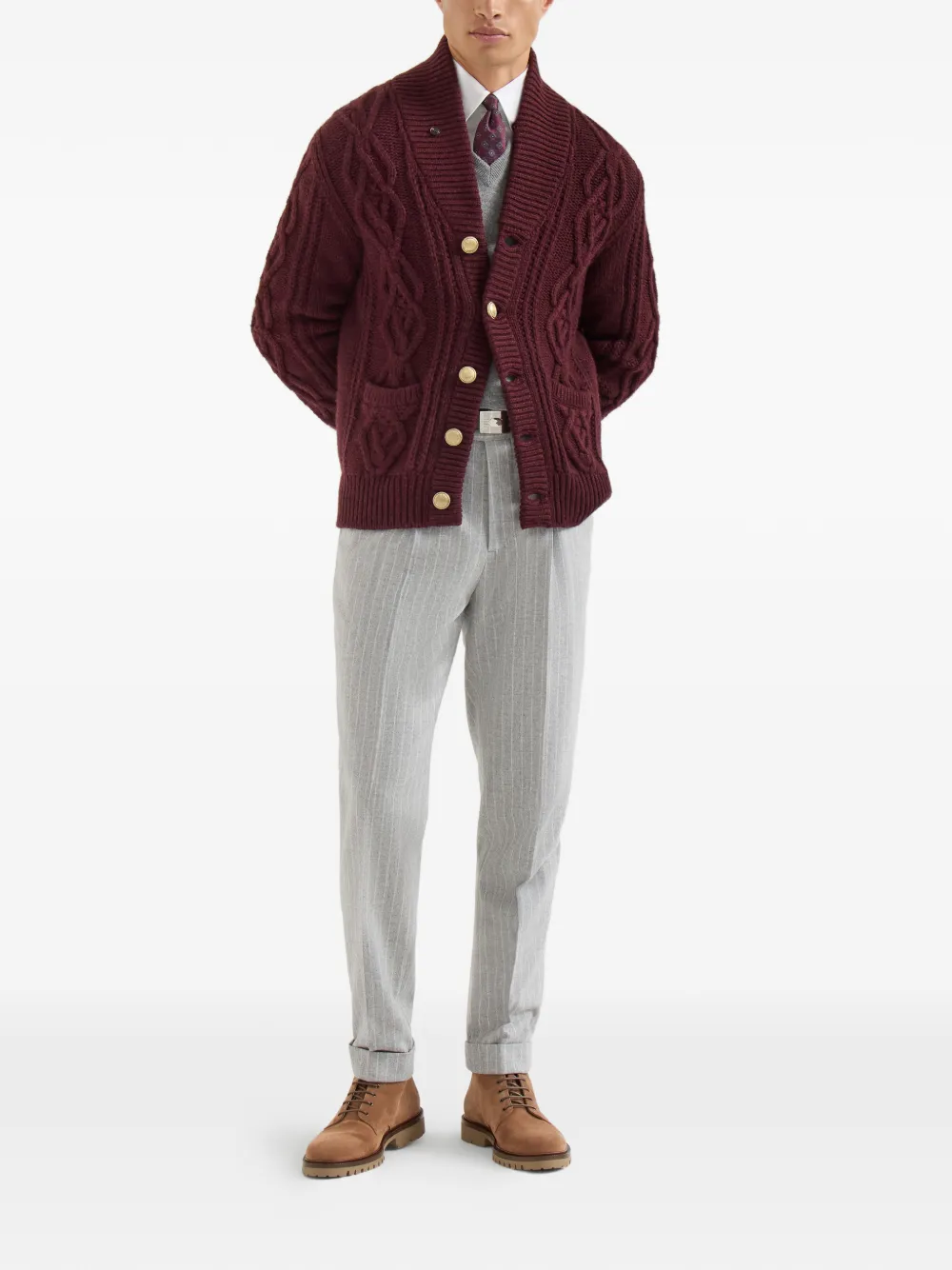Brunello Cucinelli Kasjmier kabelgebreid vest met metalen knopen en veren Rood
