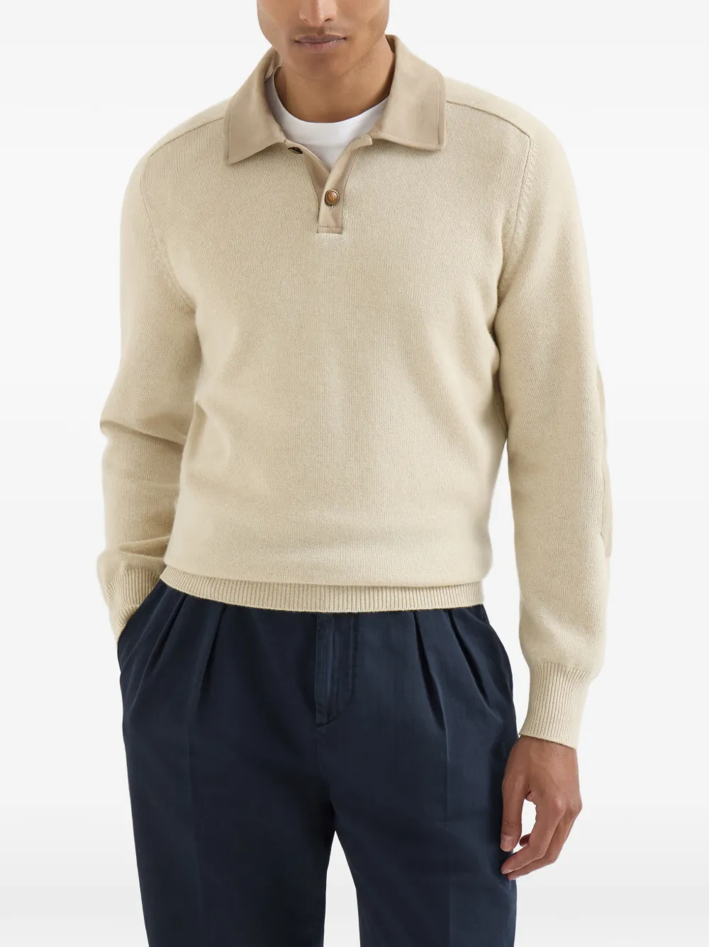 Brunello Cucinelli Kasjmier gebreide poloshirt met suède kraag Beige
