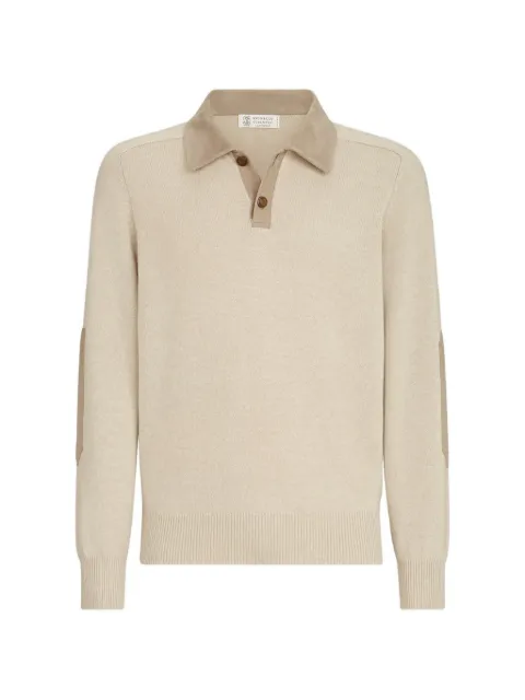 Brunello Cucinelli cashmere knit polo with suede collar