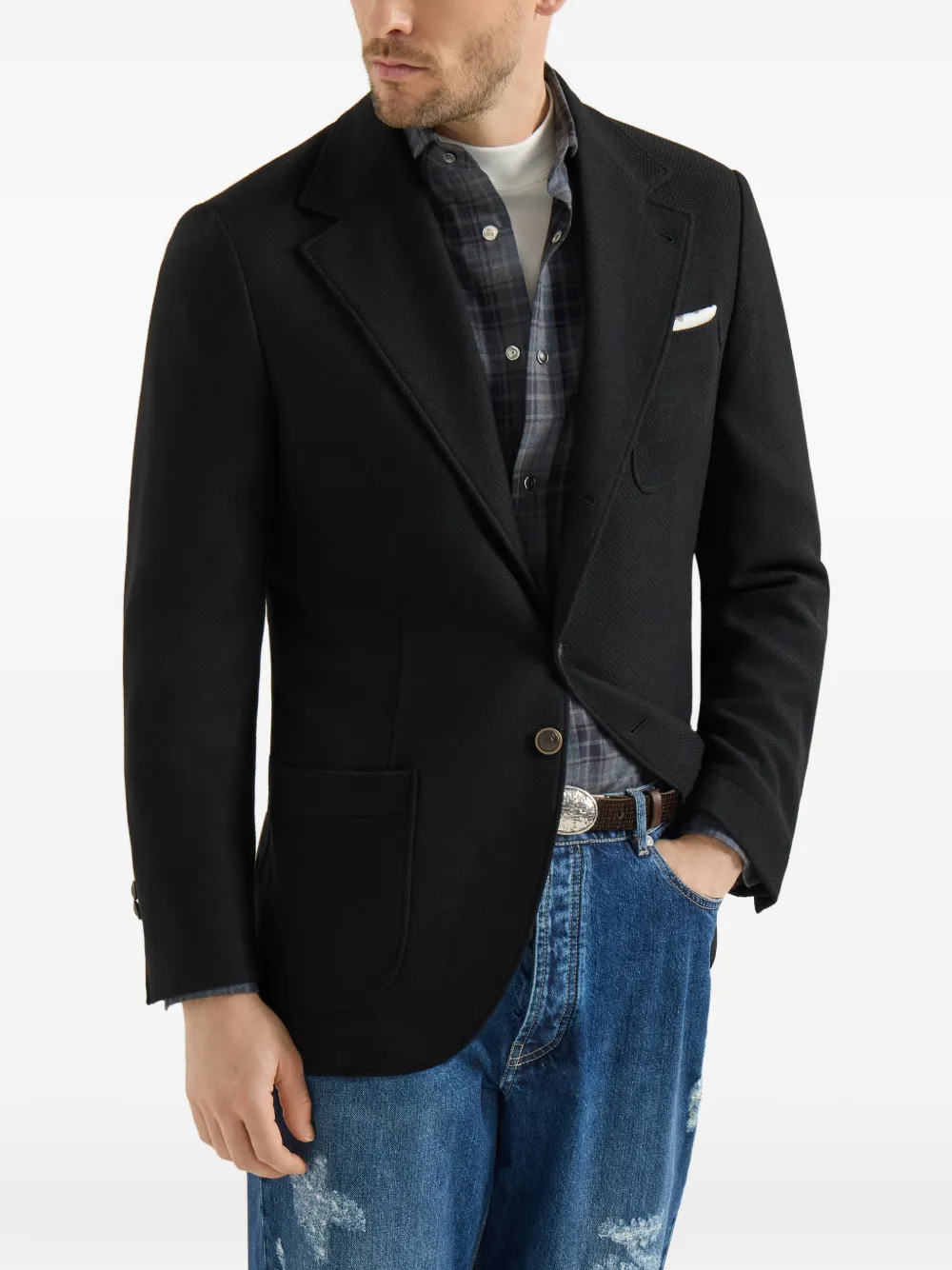 Brunello Cucinelli Kasjmier-Panama gedeconstrueerde blazer met opgestikte zakken Zwart