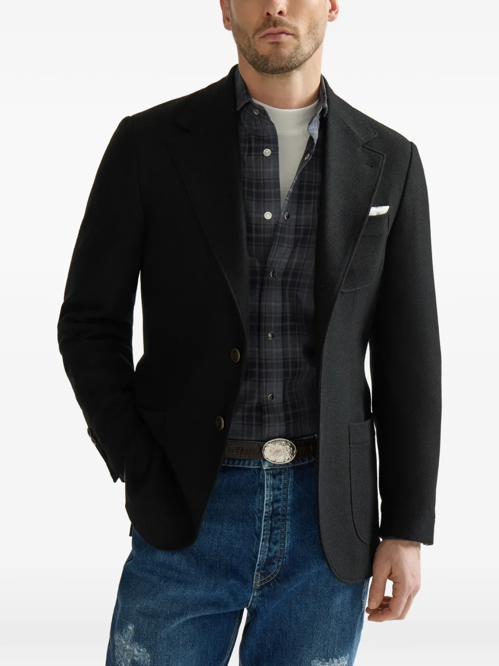 Brunello Cucinelli Kasjmier-Panama gedeconstrueerde blazer met opgestikte zakken Zwart