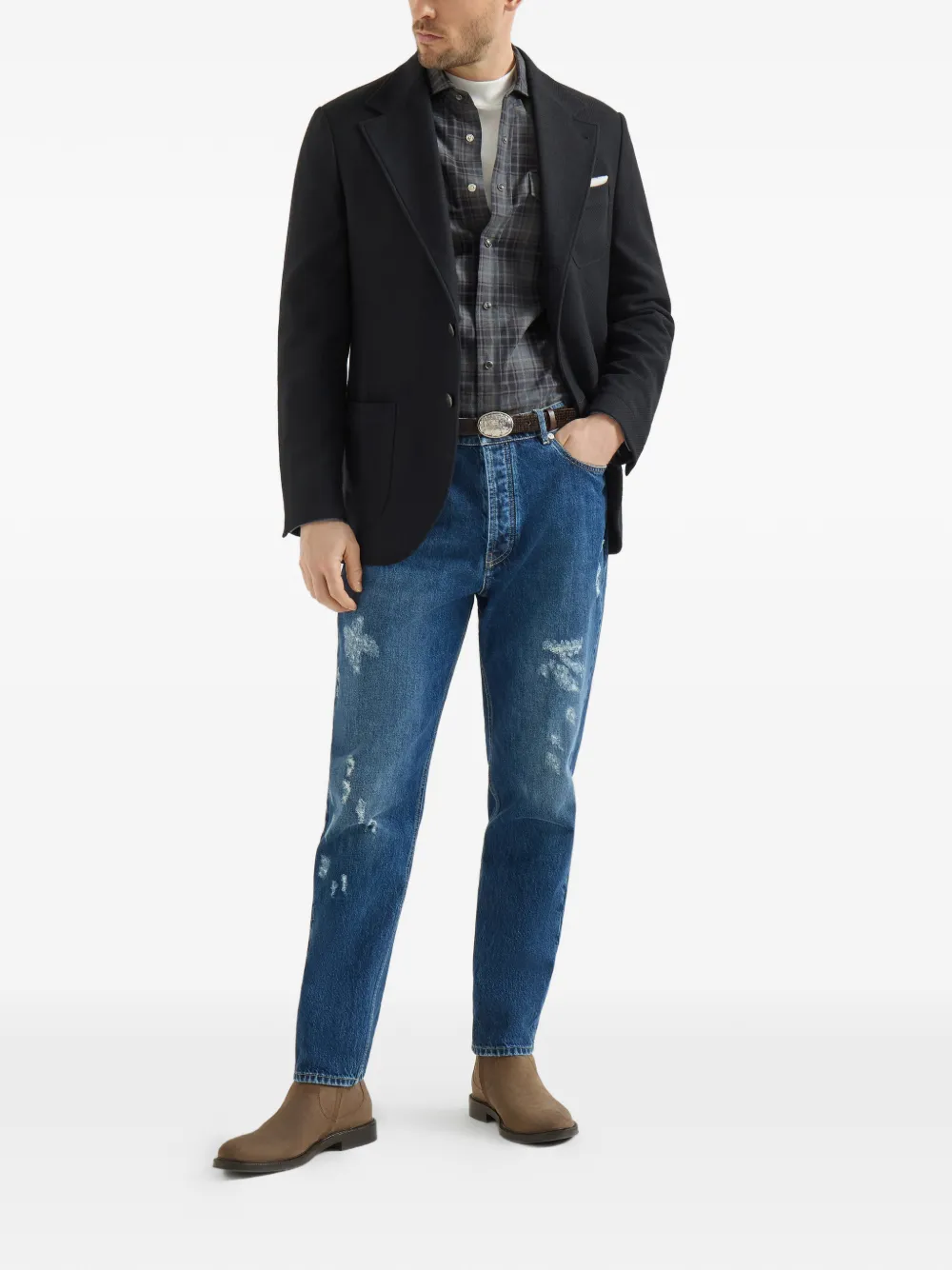 Brunello Cucinelli Kasjmier-Panama gedeconstrueerde blazer met opgestikte zakken Zwart