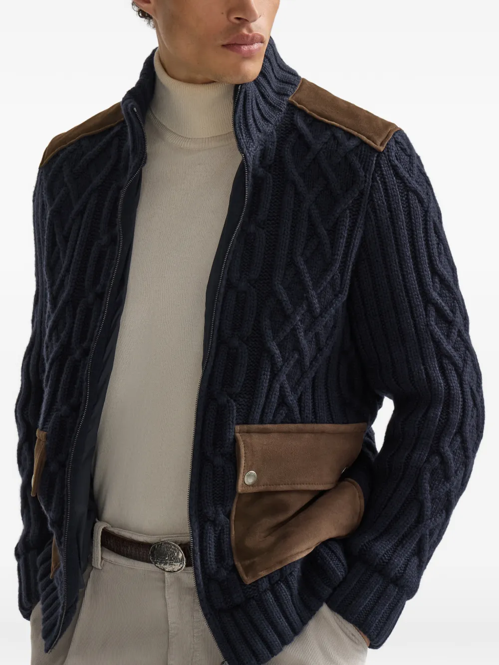 Brunello Cucinelli Kabelgebreid kasjmier vest met suède inzetstukken en rits Blauw