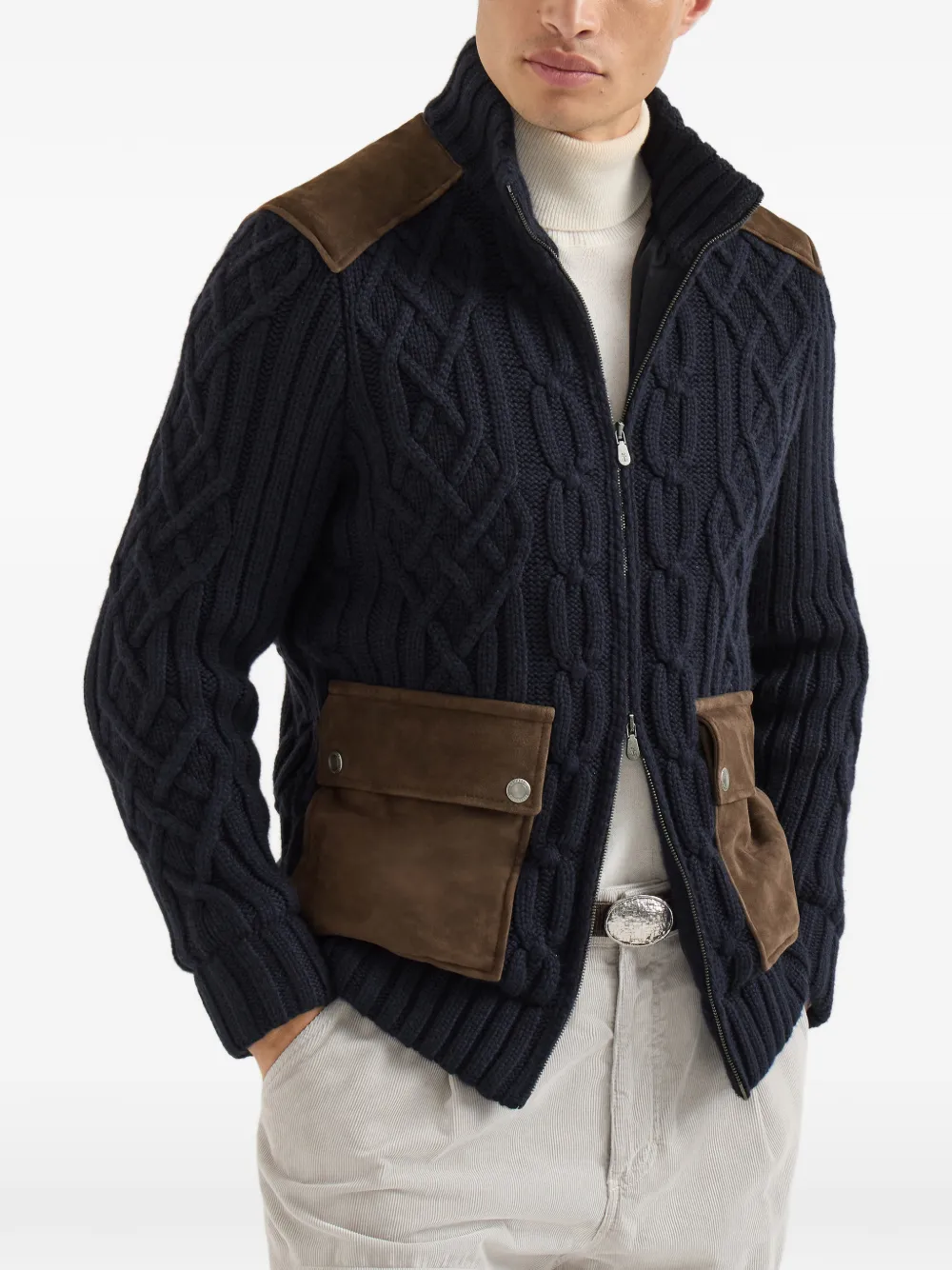 Brunello Cucinelli Kabelgebreid kasjmier vest met suède inzetstukken en rits Blauw