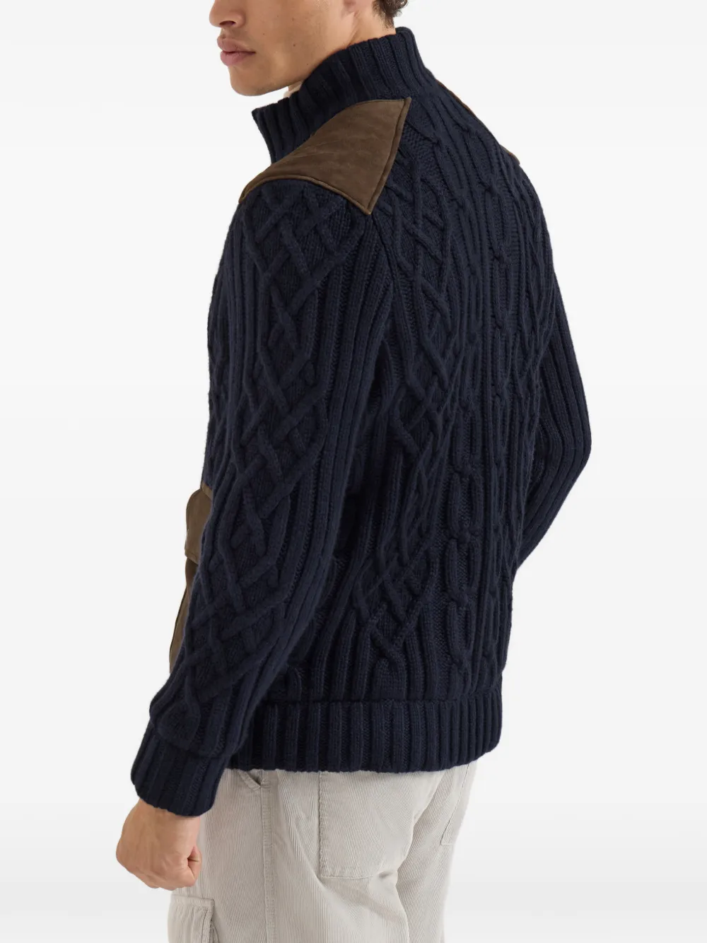 Brunello Cucinelli Kabelgebreid kasjmier vest met suède inzetstukken en rits Blauw