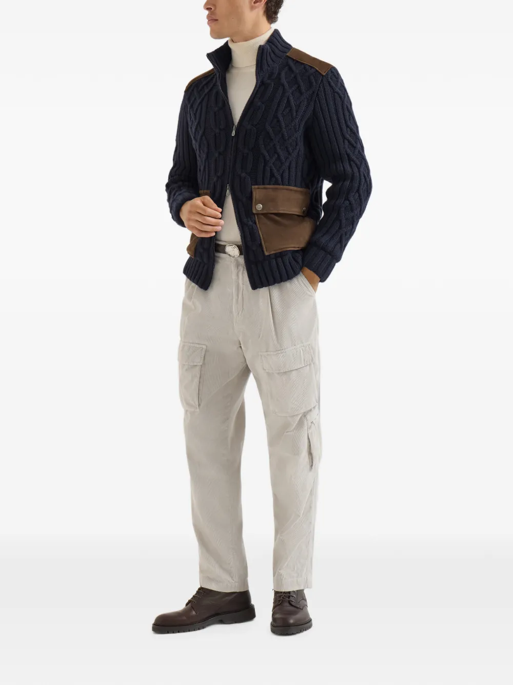 Brunello Cucinelli Kabelgebreid kasjmier vest met suède inzetstukken en rits Blauw