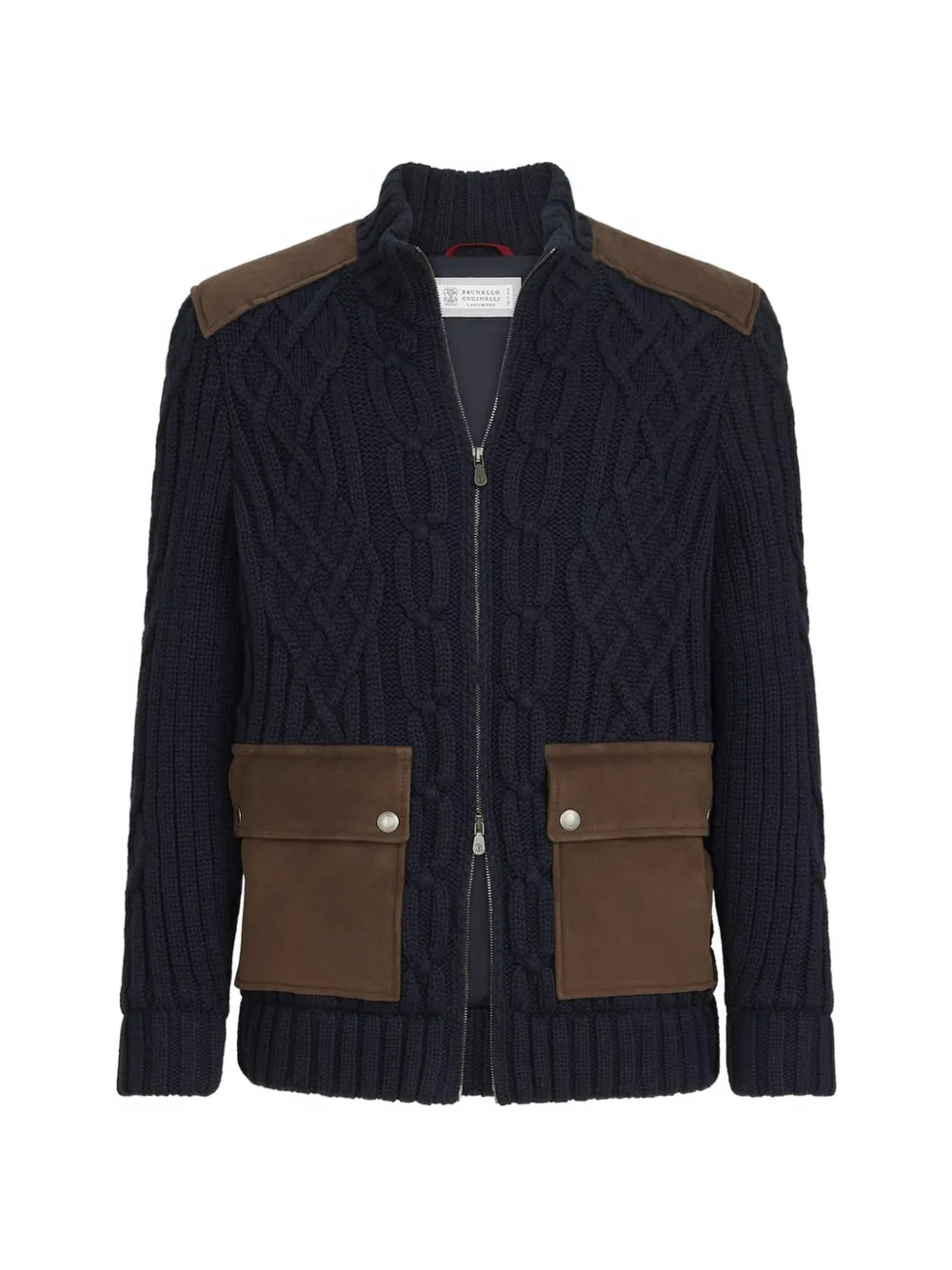 Brunello Cucinelli cable knit cardigan in cashmere Feather yarn with suede inserts and zipper · 50