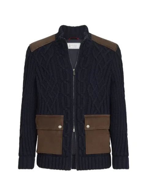 Brunello Cucinelli cable knit cardigan in cashmere Feather yarn with suede inserts and zipper