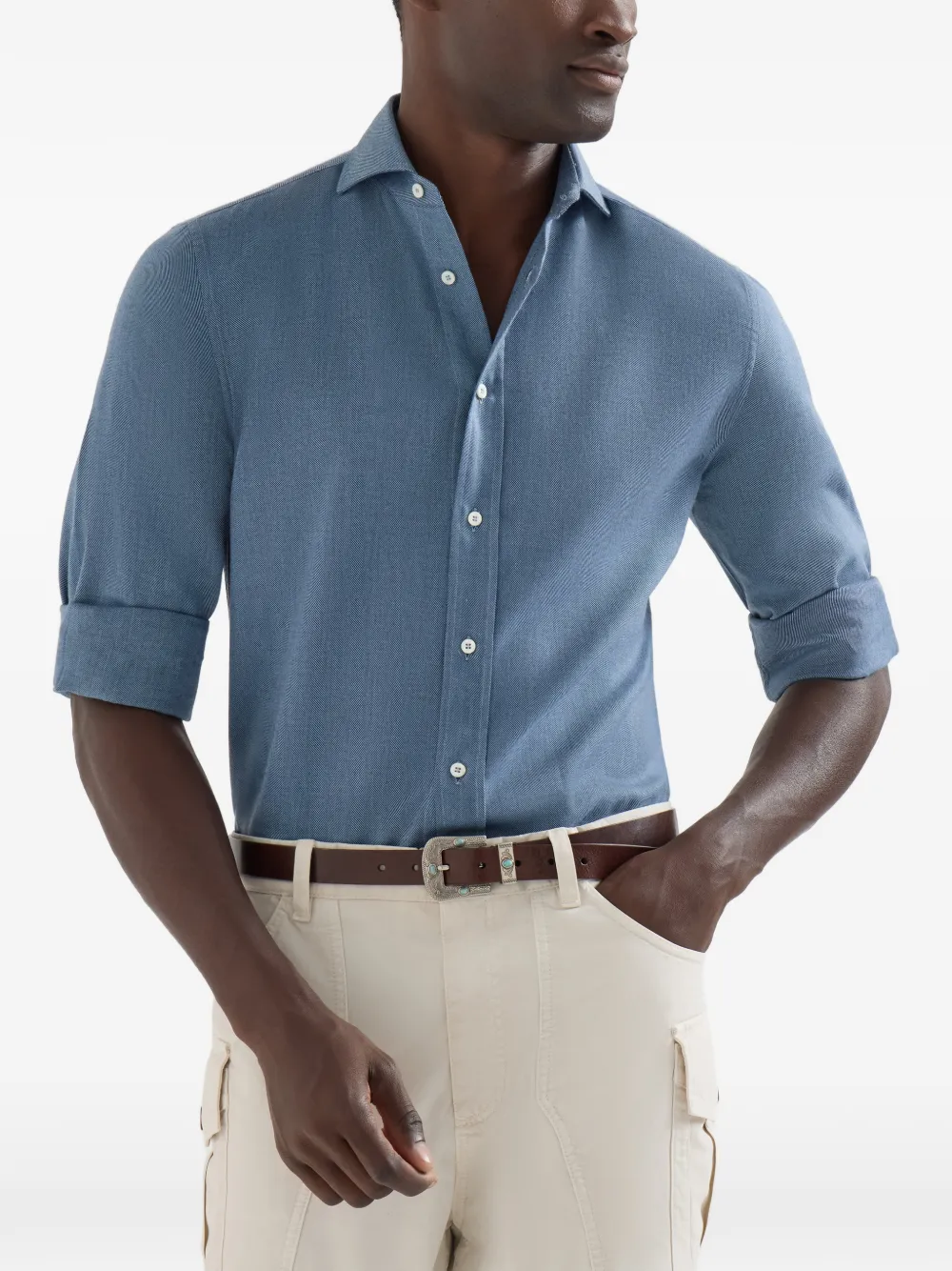Brunello Cucinelli Katoenen en kasjmier overhemd met gespreide kraag en denim-effect Blauw