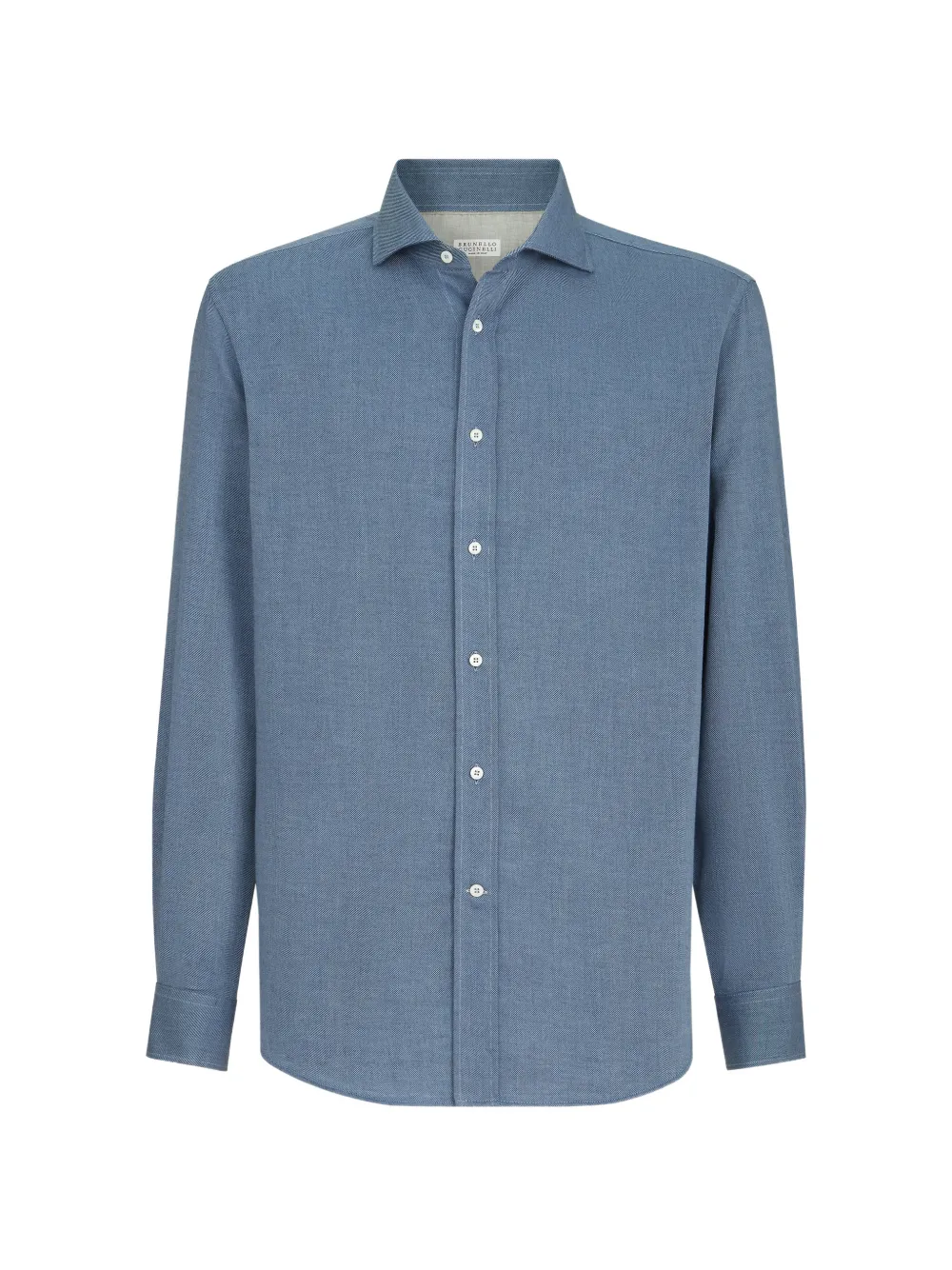 Brunello Cucinelli cotton and cashmere denim-effect diagonal shirt with spread collar - Blue
