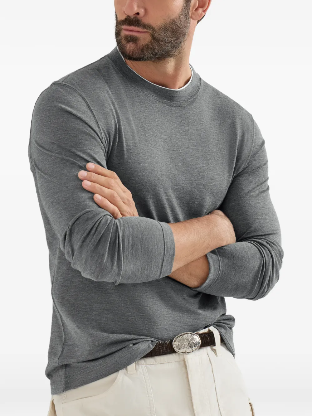 Brunello Cucinelli Zijden en katoenen lichtgewicht jersey T-shirt met ronde hals en lange mouwen Grijs