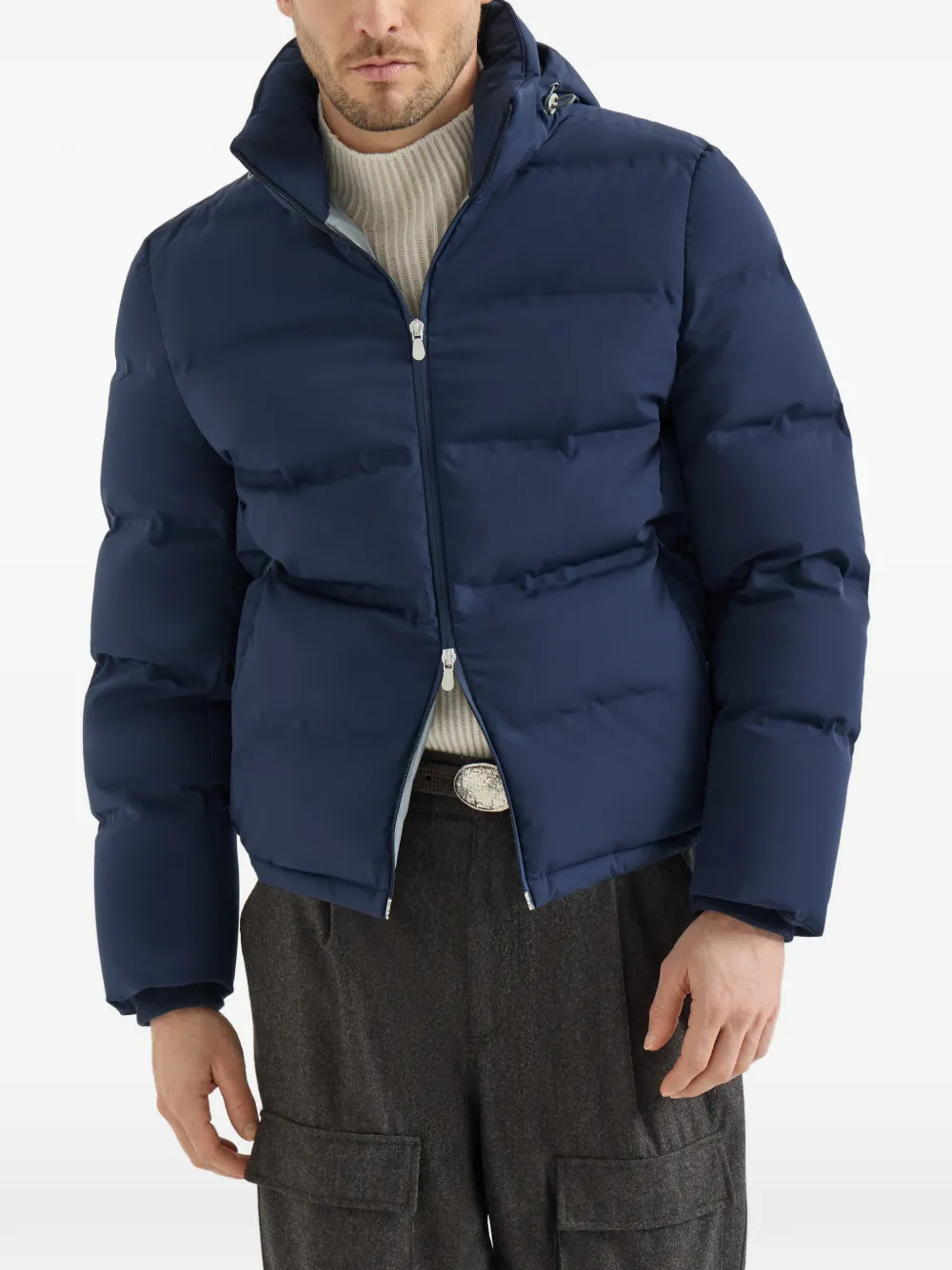 Brunello Cucinelli Nylon donsjack met afneembare capuchon Blauw