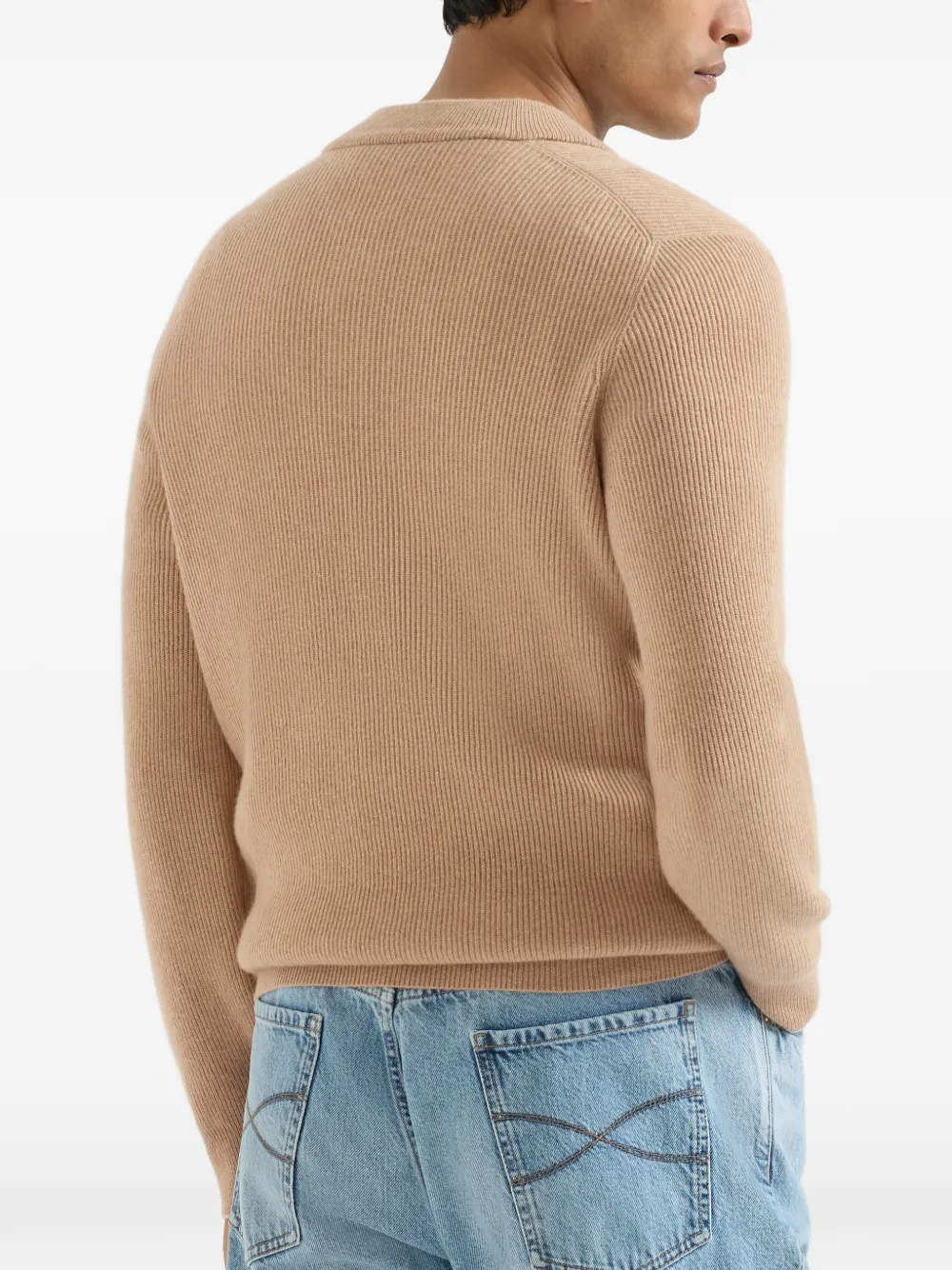 Brunello Cucinelli Kasjmier geribbelde trui met Henley-kraag Beige