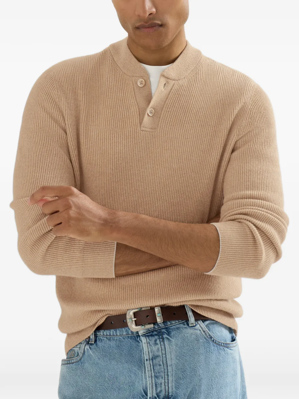 Brunello Cucinelli Kasjmier geribbelde trui met Henley-kraag Beige