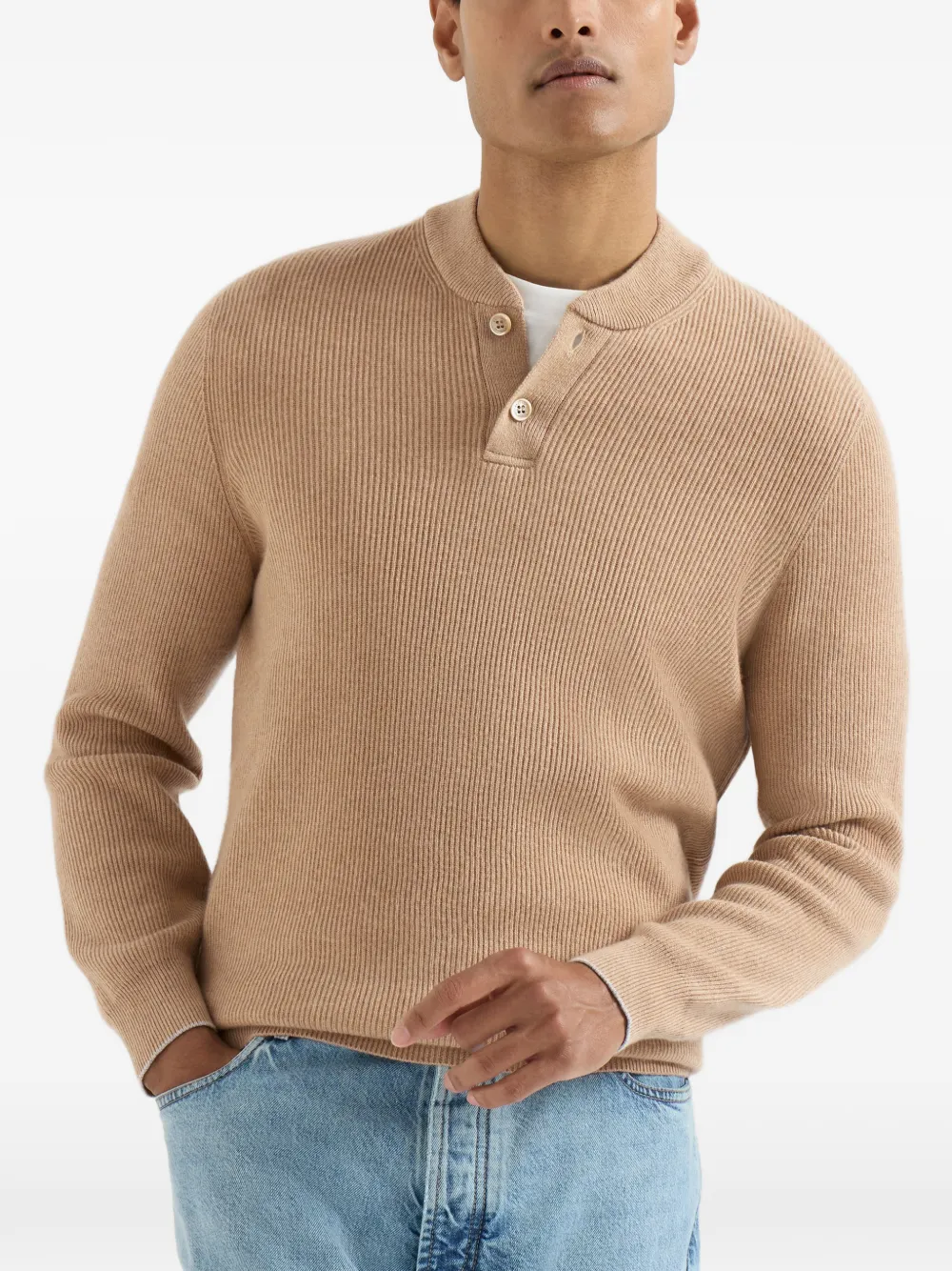 Brunello Cucinelli Kasjmier geribbelde trui met Henley-kraag Beige