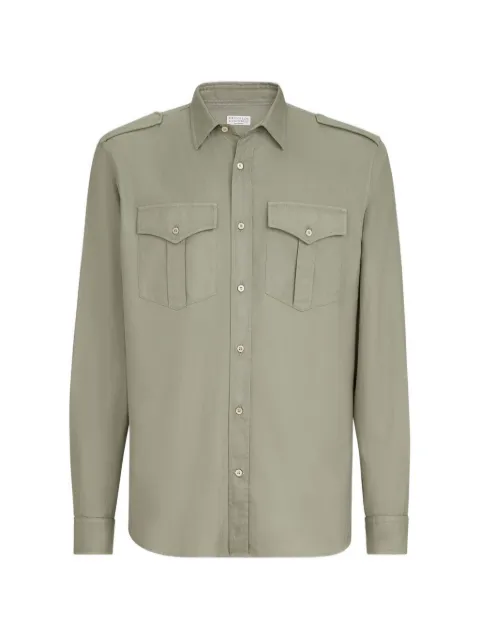 Brunello Cucinelli Garment-dyed cotton Chevron shirt with spread collar and epaulettes