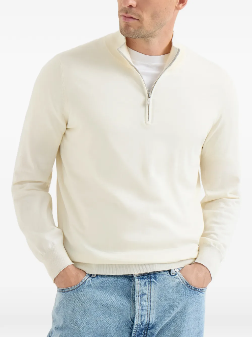 Brunello Cucinelli Sea Island katoenen en kasjmier lichtgewicht trui met halve rits Beige