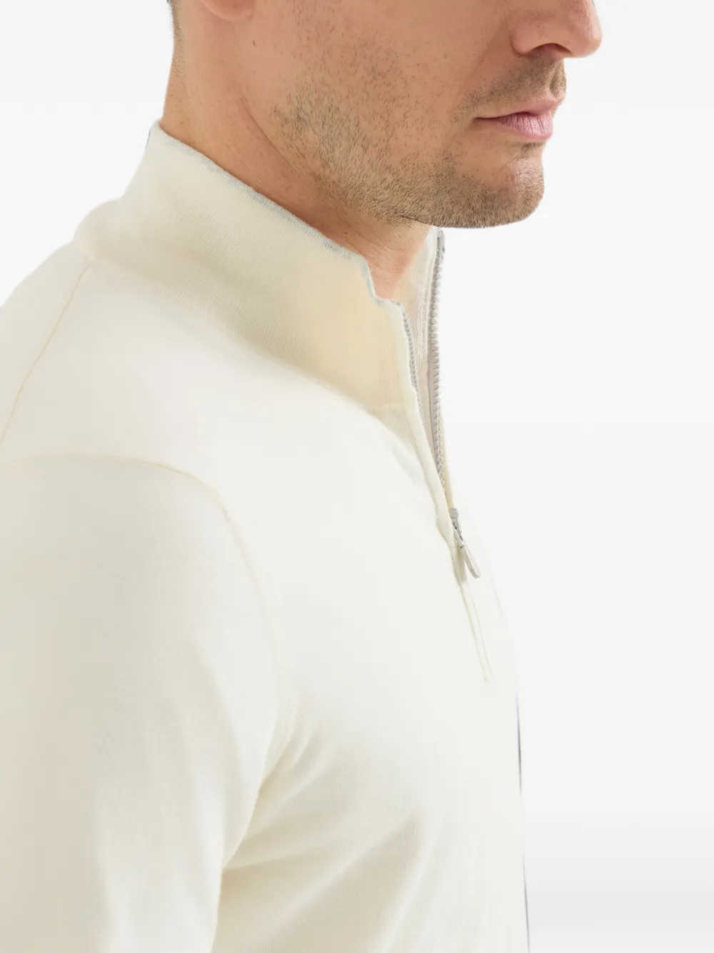 Brunello Cucinelli Sea Island katoenen en kasjmier lichtgewicht trui met halve rits Beige