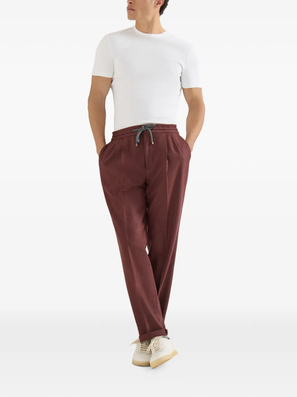  Brunello Cucinelli Virgin Wool And Cashmere Flannel Trousers With Drawstring And Double Pleats - Rouge 