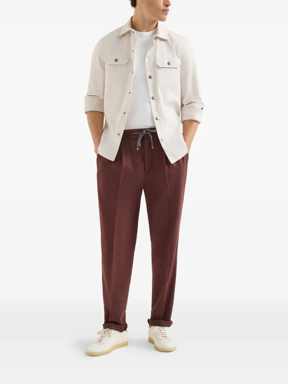  Brunello Cucinelli Virgin Wool And Cashmere Flannel Trousers With Drawstring And Double Pleats - Rouge 