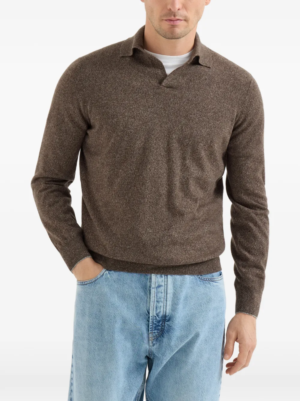 Brunello Cucinelli Mouliné gebreid poloshirt van kasjmier Grijs