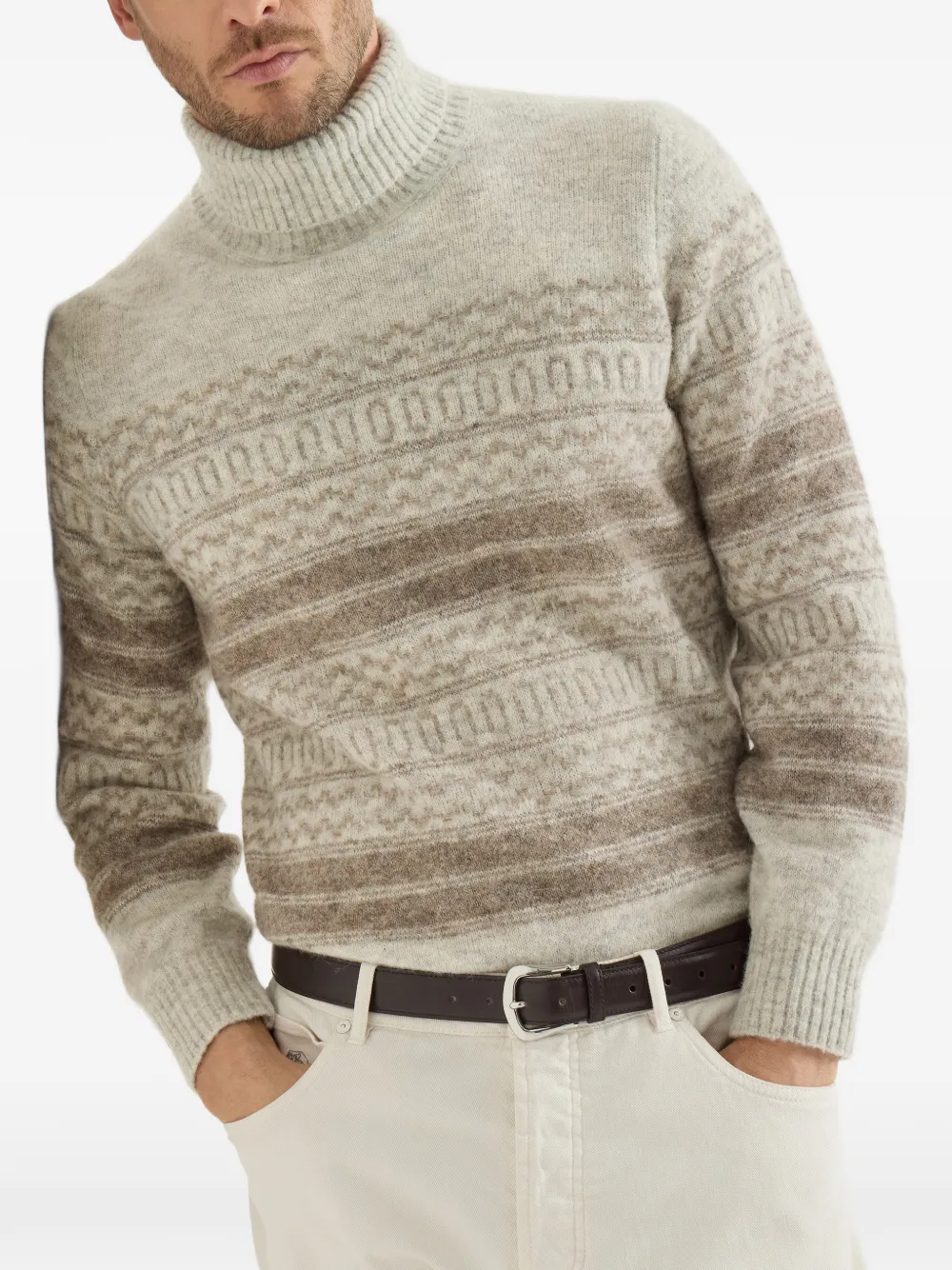 Brunello Cucinelli Alpaca kasjmier en wollen coltrui met noords jacquard Beige