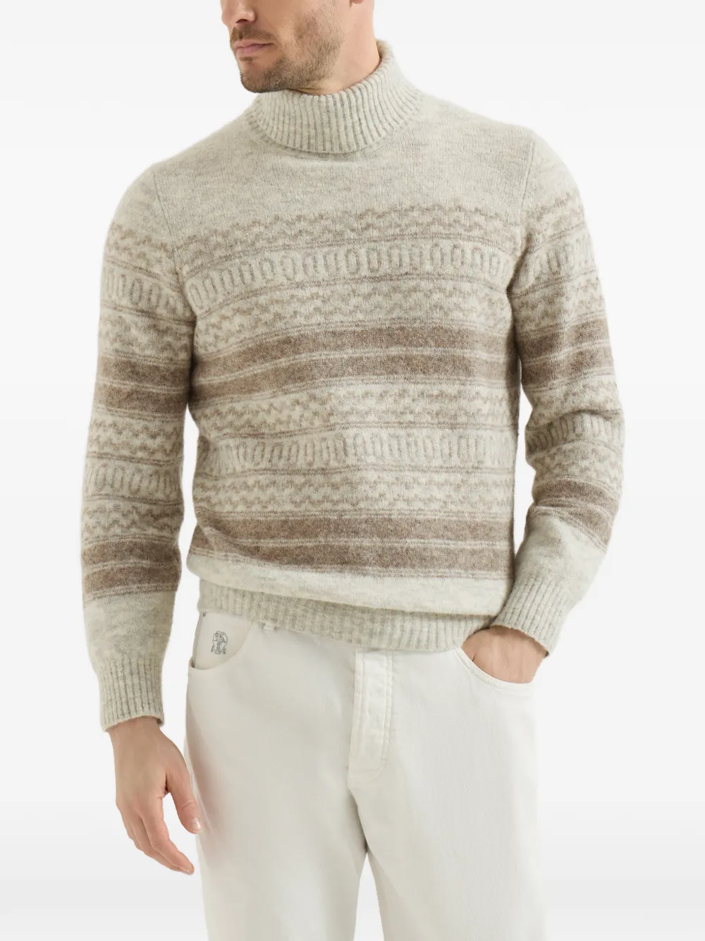 Brunello Cucinelli Alpaca kasjmier en wollen coltrui met noords jacquard Beige