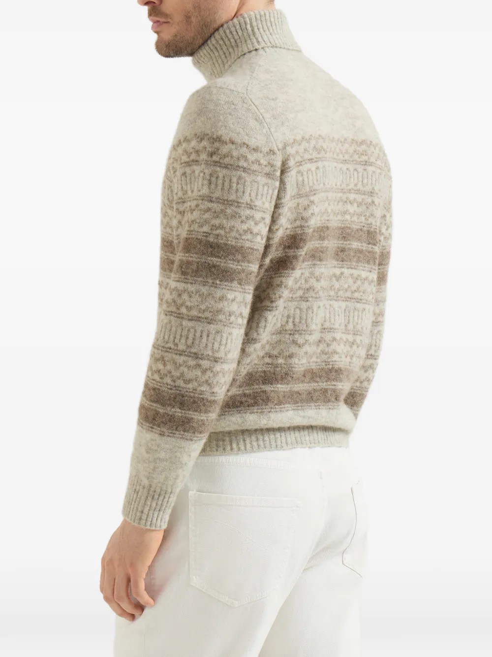 Brunello Cucinelli Alpaca kasjmier en wollen coltrui met noords jacquard Beige