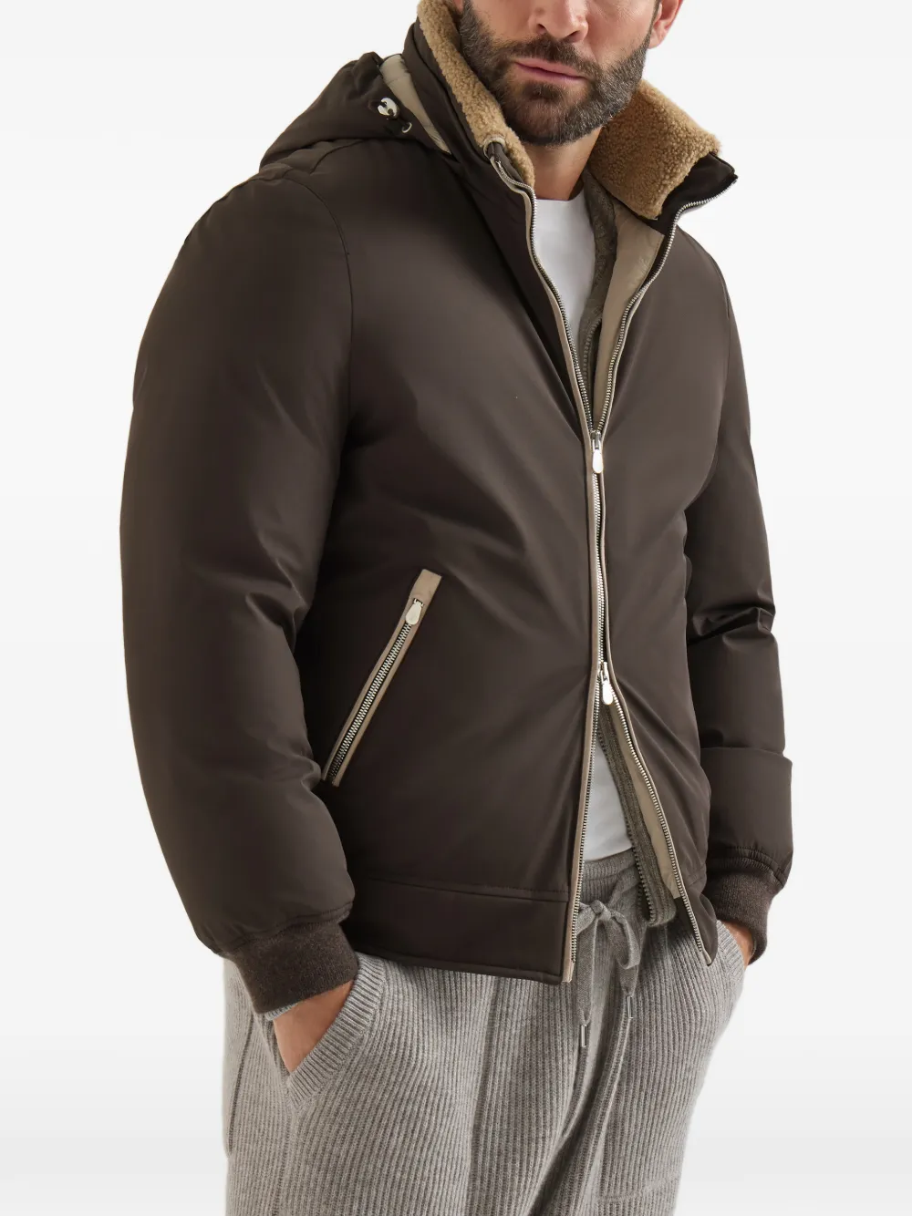Brunello Cucinelli Nylon donsjack met afneembare capuchon Bruin