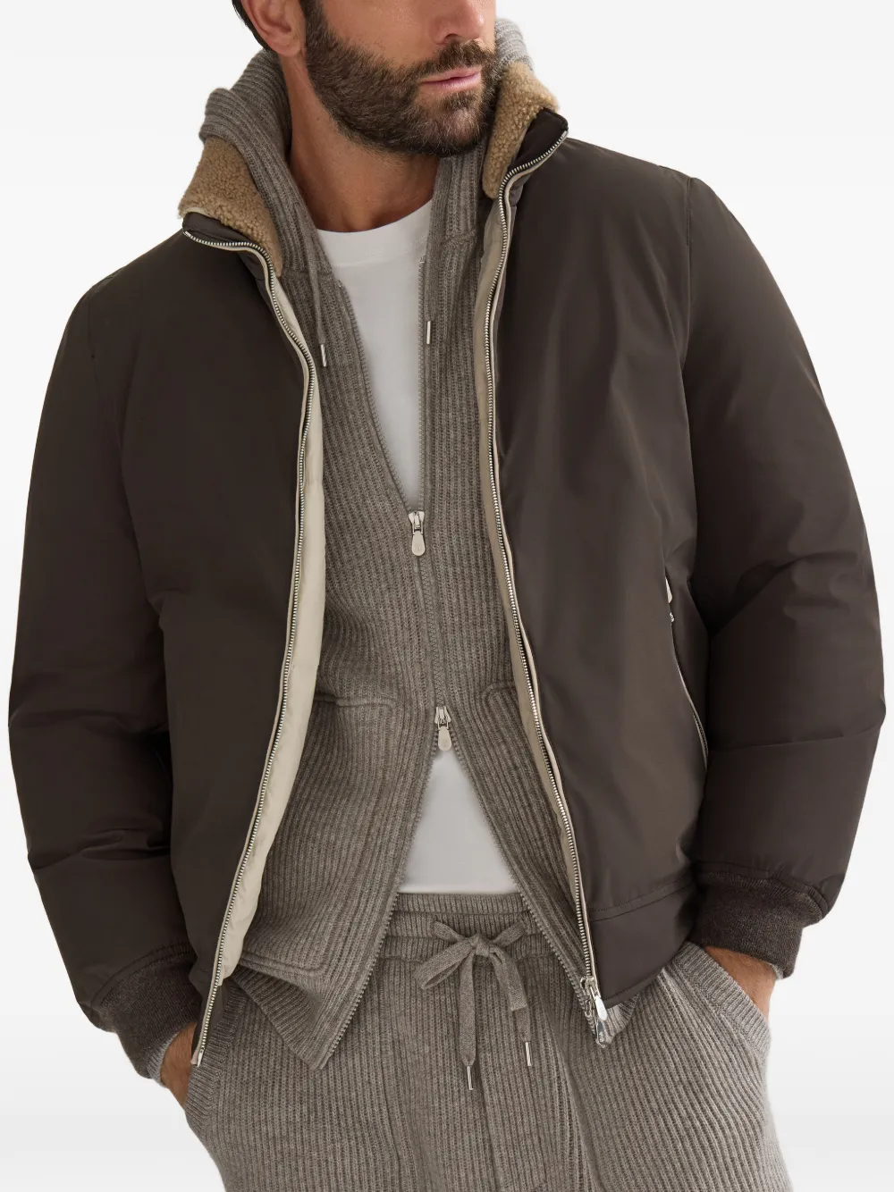 Brunello Cucinelli Nylon donsjack met afneembare capuchon Bruin