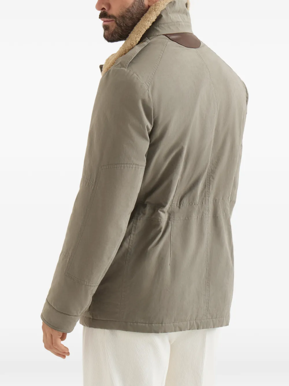 Brunello Cucinelli Gewaxt techno katoenen safari jack met Thermore vulling nappaleren inzetstukken en lammy kraag Grijs