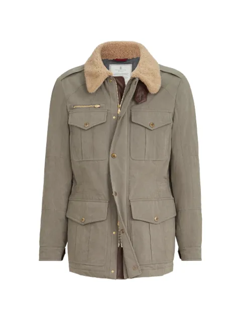 Brunello Cucinelli waxed techno-cotton safari jacket with Thermore® padding, nappa leather inserts and shearling collar